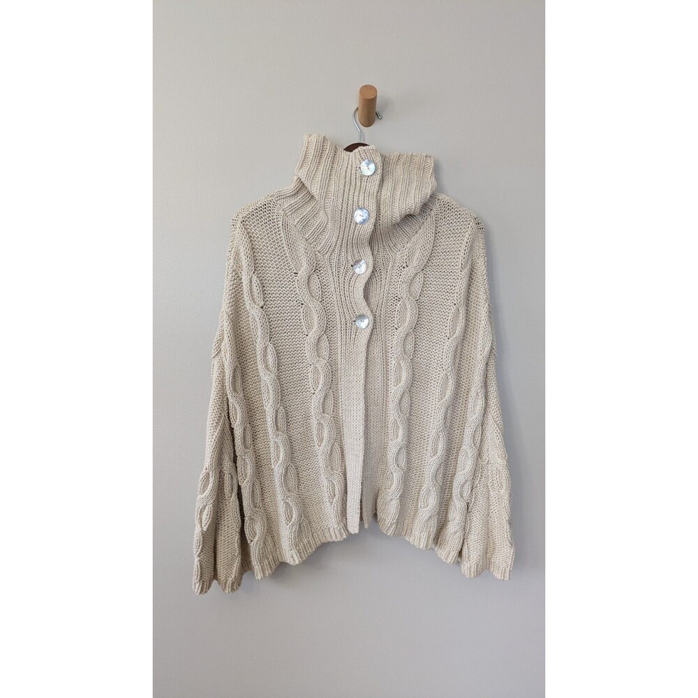 Vintage Hand Loomed Poncho Cape Sweater Cottage Organic Cotton Silk Cable Knit - Picture 2 of 10